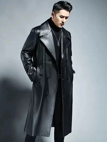 Autumn Men Long Black Pu Leather Spring Trench Coat Double Breasted Outerwear - Picture 2 of 12
