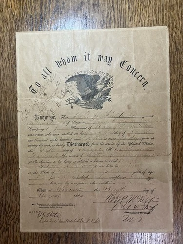 1864 - Civil War "DISCHARGE" Document - 2nd Massachusetts Vols -JOHN K. FIELDER
