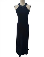 Alex Evenings Size 6 Navy Blue Velvet Beaded Halter Gown