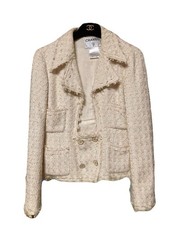 USED CHANEL JACKET SIZE 38, IVORY TWEED WITH COCO MARK ACCEPTABLE