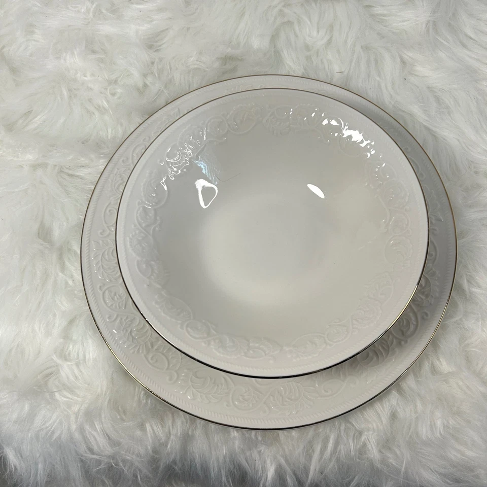 Juego de vajilla Farberware Calais cuenco y plato oro blanco banda 22K seguro para horno Foto 2 de 4