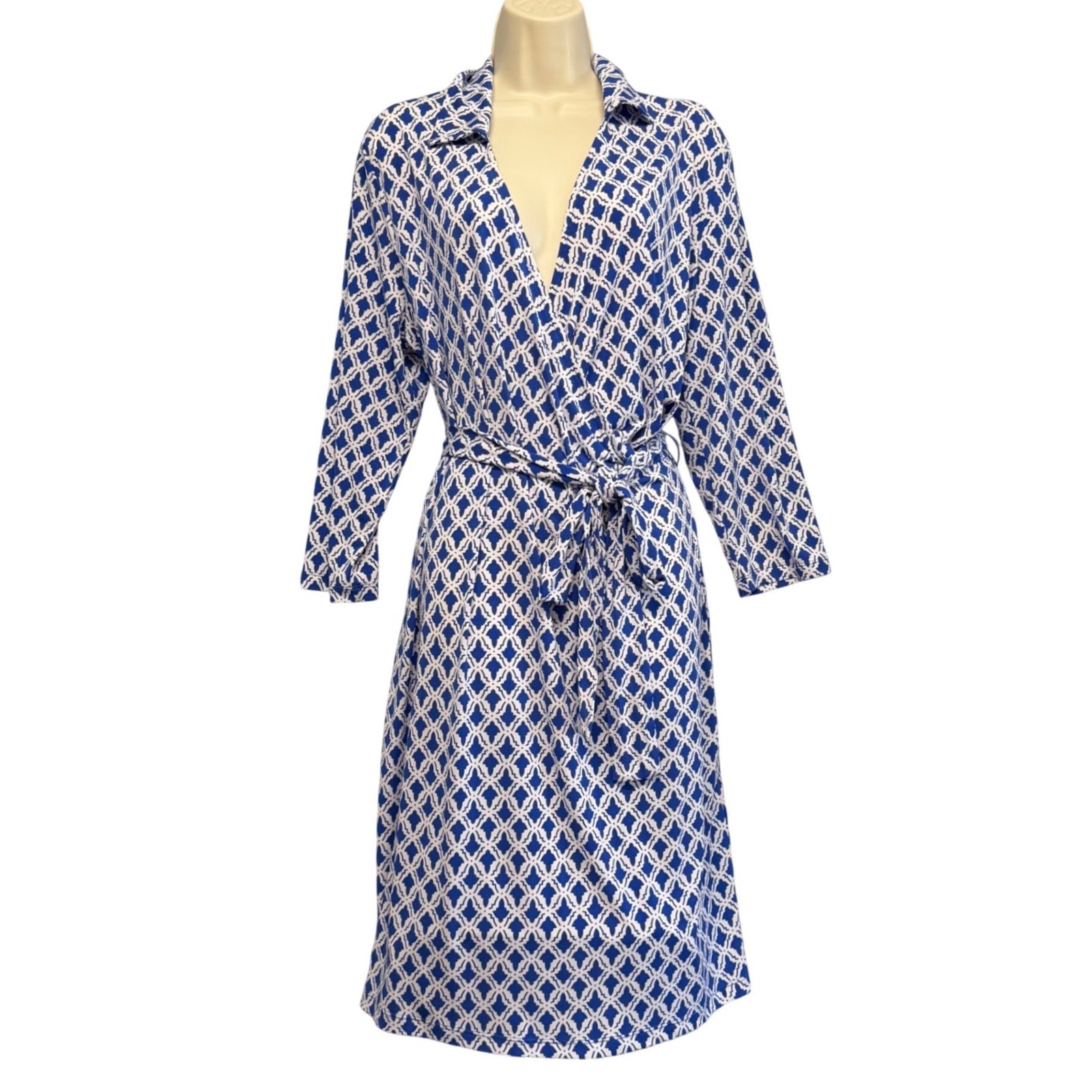 Womens Wrap Belted Dress Size XL 3/4 Sleeve Ponte Knit Stretch Geometric Resort