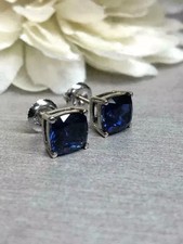 4Ct Cushion Cut Blue Lab Created Women's Stud Earrings 14K White Gold Plated