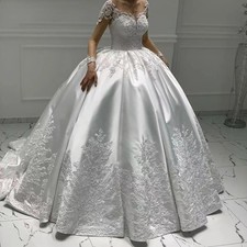 Customized Satin Long Sleeves Wedding Dress Appliques Pearl Beaded Bride Gown