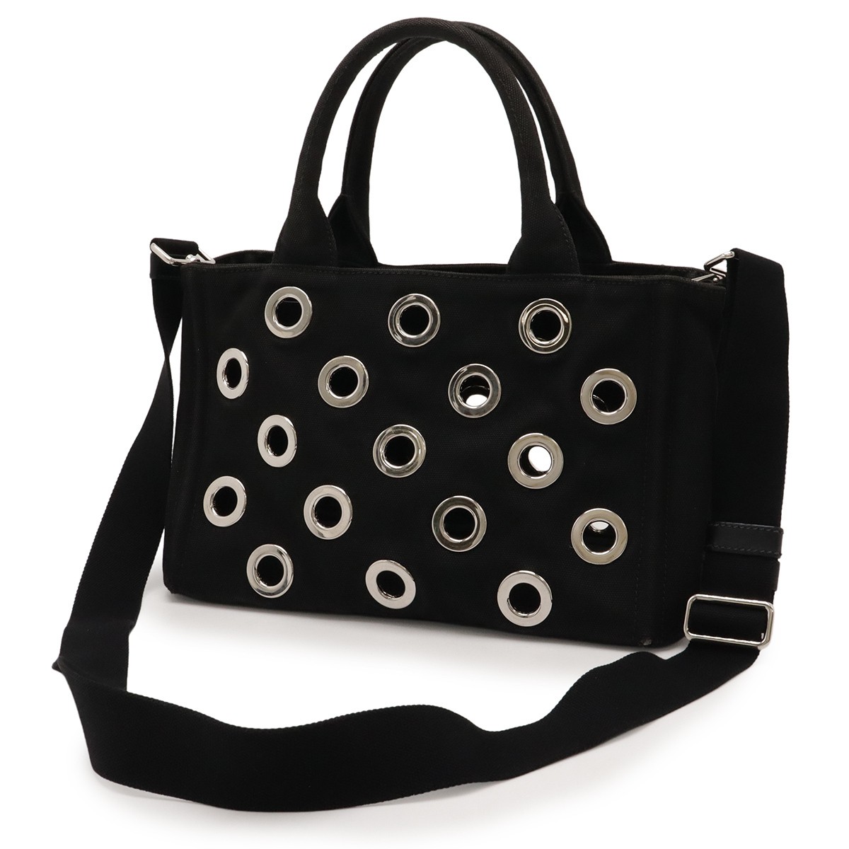 PRADA CANAPA Grommet Tote Bag 2WAY Shoulder Bag Canvas NERO Black Silver Hardwar thumbnail 2