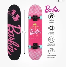 Barbie Malibu Beach 31" Complete Skateboard, Pink Checkered, Kids Ages 6+, Pink