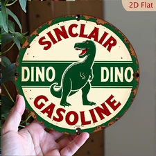 Tin Metal Sign Sinclair Dino Gasoline Vintage Round Aluminum 8x8