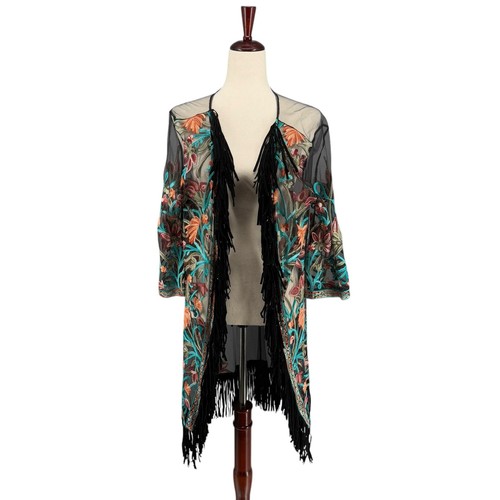 Shyanne Western Boho Country transparenter Kimono bestickt Blumen L schwarz Fransen