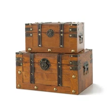 Alexander Wooden Treasure Chests - Set of 2, Antique Storage Trunks, Decorati...