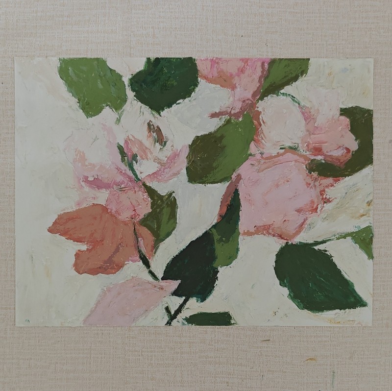 Original Mixed Media Floral Painting 12x16 Pink Flowers Oil Pastel Artwork