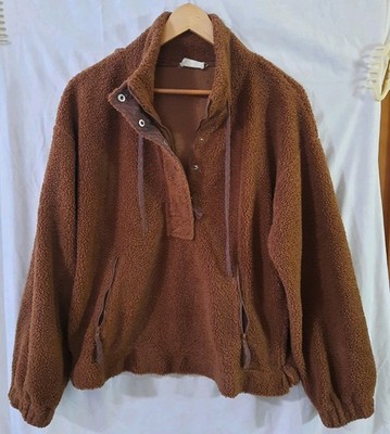 Uncharted Threads Womens L Brown Longsleeve Soft Teddy  Pullover 1/4 Zip/ Button