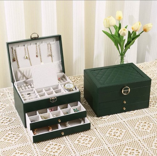 Green Faux Leather Jewellery Box Organiser, Mirror, Lockable, 3 Drawers