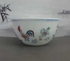 China Old DouCai Hand Painting Chicken Flowers Porcelain Cup "ChengHua" Signed