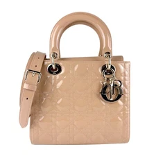 Auth Christian Dior Lady Dior Handbag Shoulder Bag Beige Patent Leather - z7714