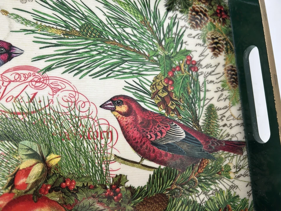Michel Design Work Wooden Serving Vanity Tray Dark Green Birds Evergreen Holiday - Image 3 of 4