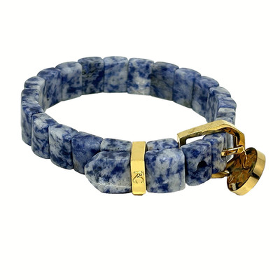 Rustic Cuff Buckle Bracelet Blue Sodalite Stone Stretch Gold Tone CHARAY Signed