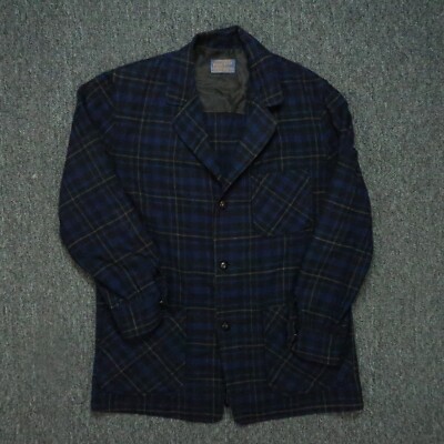 VINTAGE Pendleton Blazer Mens Small Blue Plaid Virgin Wool Jacket