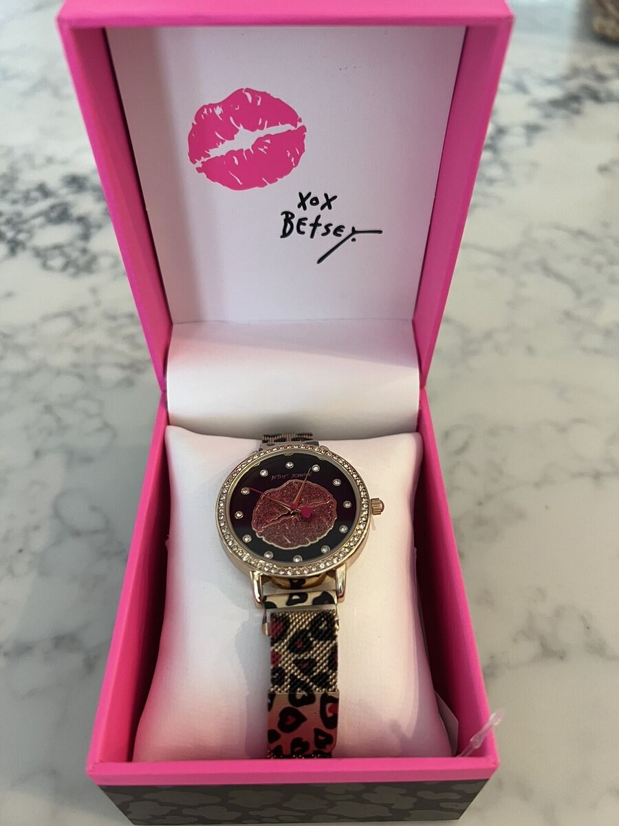 New Betsey Johnson gold leopard watch metal mesh band lips New Betsey Johnson gold leopard watch metal mesh band lips