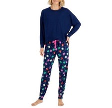 NWT Jenni Intimates Navy Multi Christmas Lights Two Piece Knit Pajama Set