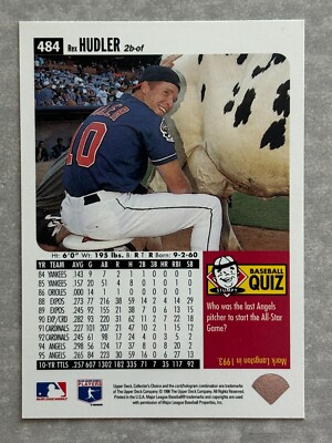 1996 Upper Deck REX HUDLER ''Milking A Cow'' Funny Real Baseball Trading Card #484