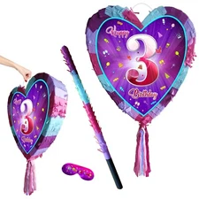3rd Birthday number Heart Pinata stick third party baby girl pink game three 3