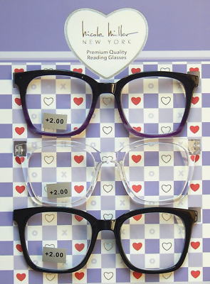 NICOLE MILLER 3-PACK PREMIUM READING GLASSES READERS +2.00 NEW