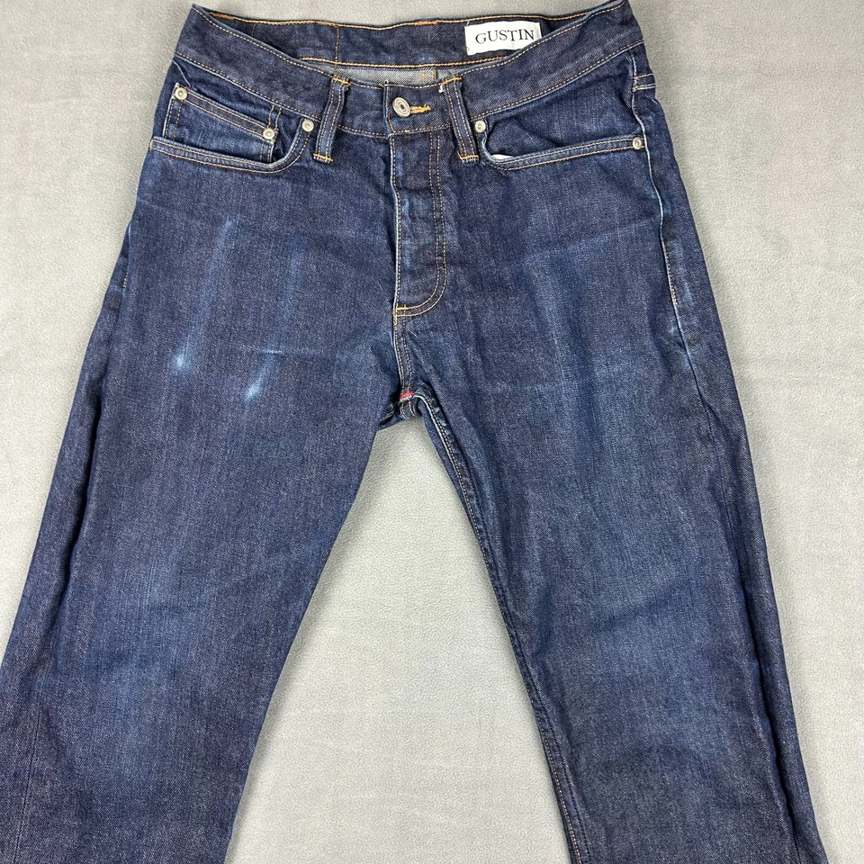 Jeans Gustin Para Hombre 31 (28x28) Azul Crudo Pierna Recta Botón Ribete Mosca Denim Foto 3 de 4