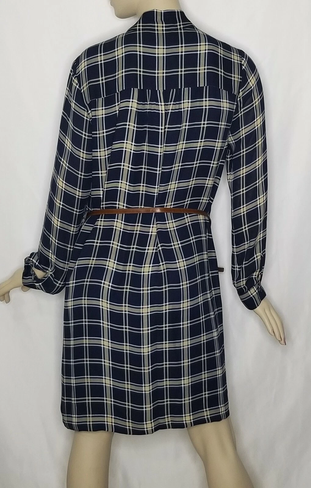 Abito Michael Kors blu navy a quadri con cintura e fiocco cravatta manica lunga taglia 12