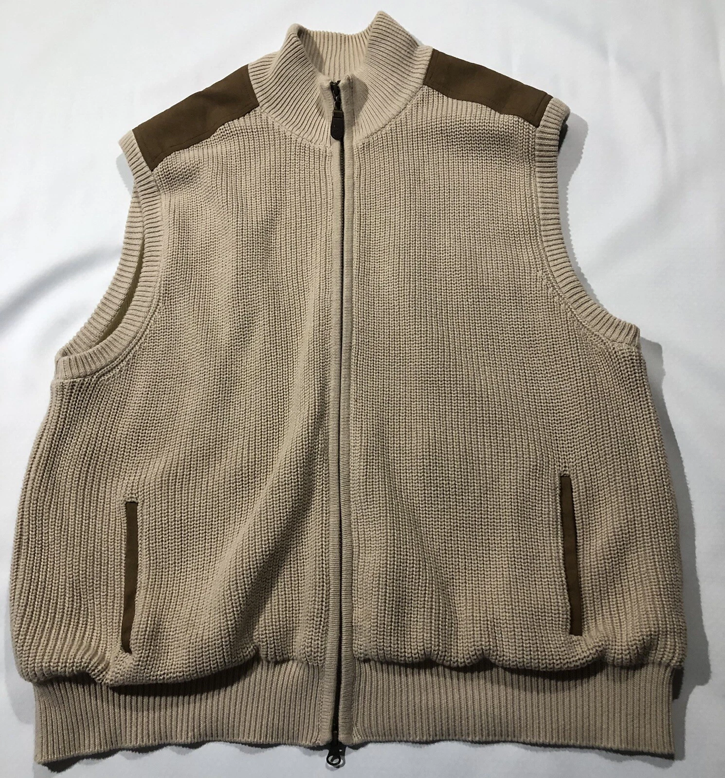Orvis Vest Mens XL Tan Brown Mechanics Foul Weather Suede Knit Full Zip Outdoors