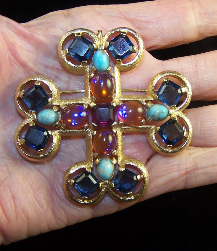BOUCHER Huge Multi-color Jeweled Maltese Cross Pin/Pendant