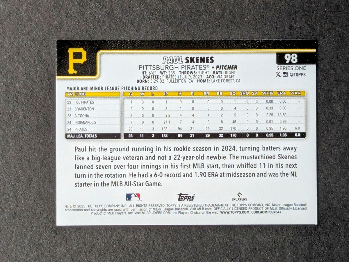 2025 Topps Series 1 Paul Skenes #98 Pirates | eBay