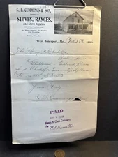 Vintage 1906 Billhead, S.B. Cummings & Son, Stoves & Ranges, West Jonesport ME