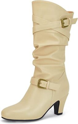 Coutgo Womens Slouchy Mid Calf Boots Chunky Heel Faux Leather Knee