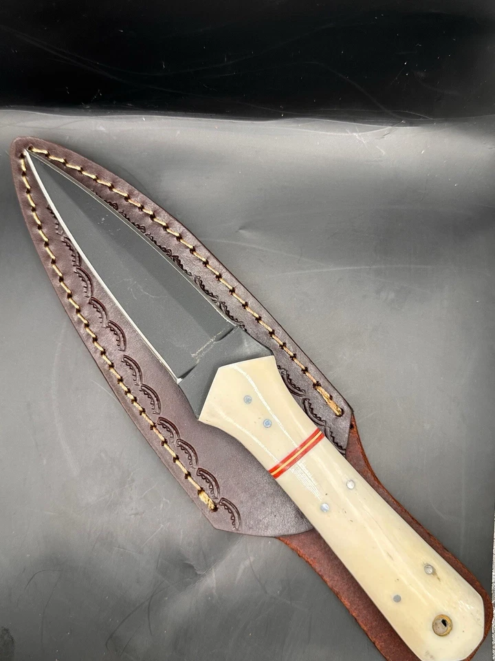 9”D2 STEEL HUNTING DOUBLE EDGE FIXED BLADE DAGGER BOOT KNIFE CAMEL BONE HANDLE - Image 2 of 4