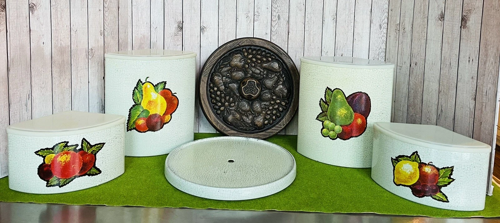 Cheinco Fruit Tin Canister Lot 6 Lazy Susan And Top Collectible Rare Vintage