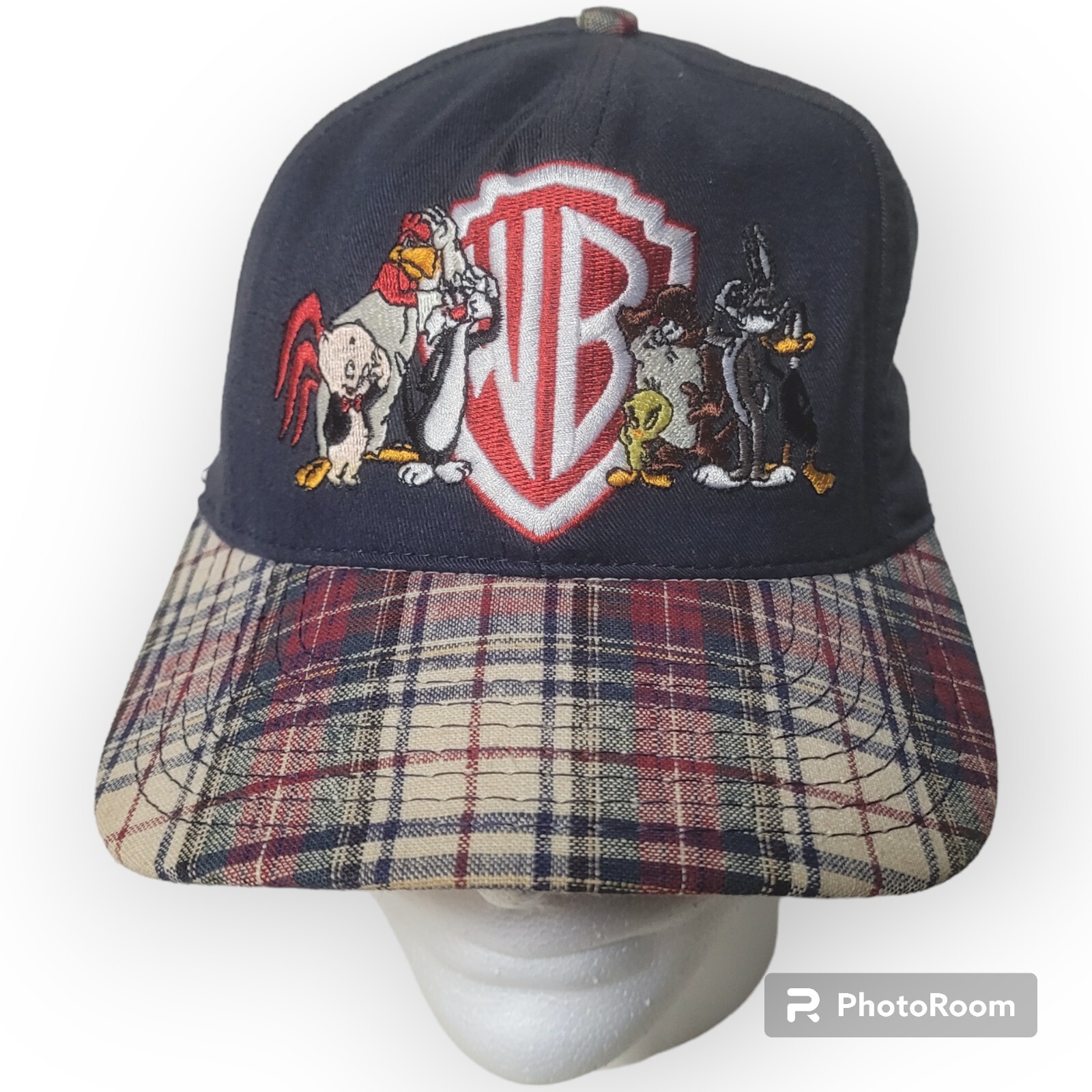 Vtg 90s Warner Bros LOONEY TUNES Baseball Cap HAT WB PLAID EMBROIDERED Bugs 1991