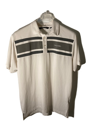 Travis Matthew Men XL Golf Polo Shirt -White w/Gray Stripes-Signature Logo-EUC