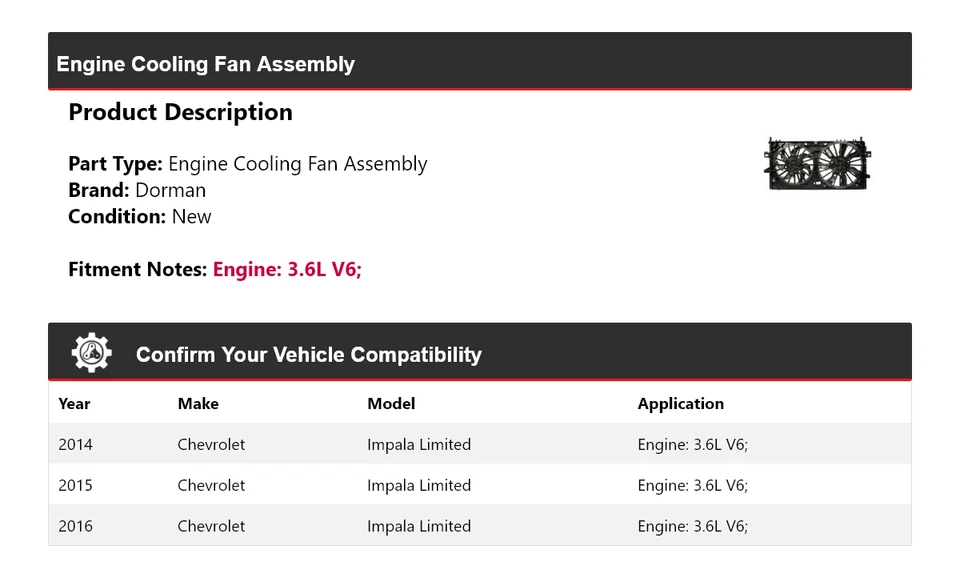 Conjunto de ventilador de refrigeración del motor Dorman Limited 2014-2016 Chevrolet Impala 2015 Foto 2 de 4