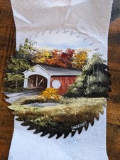 Hand painted saw blade. Covered bridge. Artist L. Barnes 7 inch