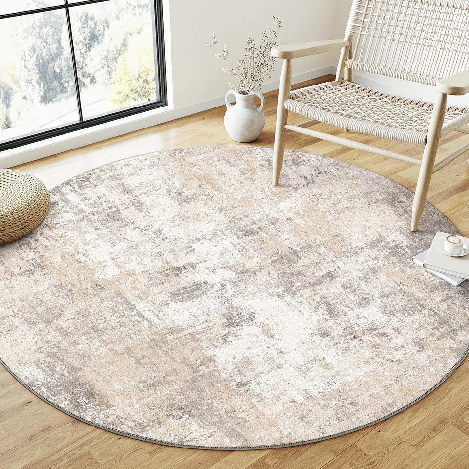5x5 Washable Round Rug Beige Grey Abstract Living Room Bedroom Area Rug Neutr... - Image 2 of 4