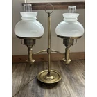 Vintage Brass Double Student Lamp Victorian Style White Milk Glass Shades Desk