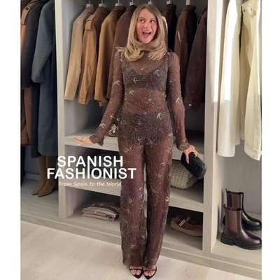ZARA WOMAN NWT FW25 BROWN BEADED EMBROIDERED DRAPED TULLE TOP 4813