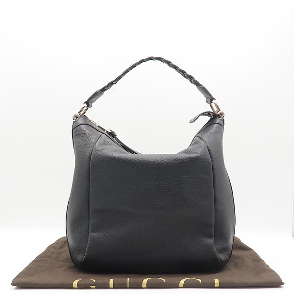 Gucci 336655 black leather woven handle bamboo embellished shoulder bag
