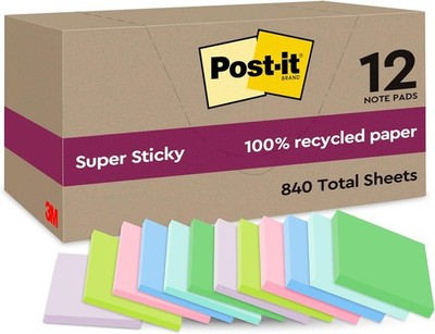 Post-it Super Sticky 100% Recycling Notes, 12 Blöcke, 70 Blätter pro Block, 47.6
