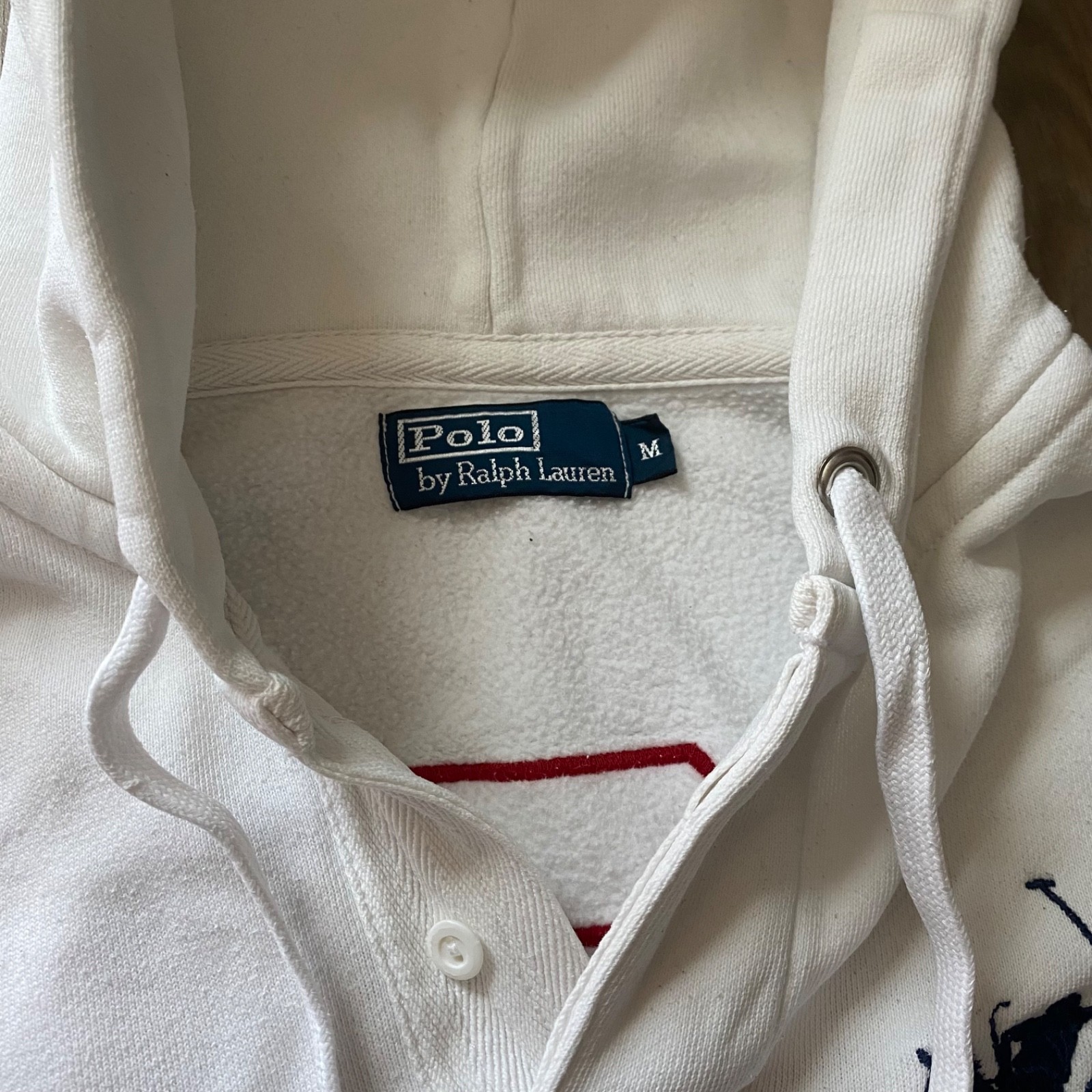 Polo bianca uomo di Ralph Lauren rara grafica doppio pony con cappuccio. Taglia M