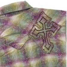 Wrangler Western Shirt Women L Green Purple Plaid Pearl Snap Sawtooth Cross READ
