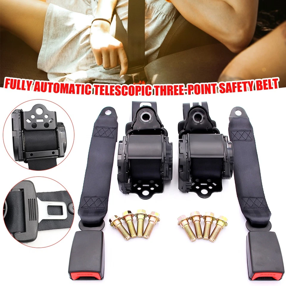 2x Retractable 3 Point Safety Seat Belt Straps Car Vehicle Adjustable Seat Belt Foto 2 de 4