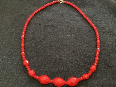 Art deco NECKLACE  bead Red GLASS Gemstone faceted Graduated 22 1/4   long