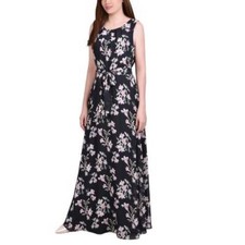 NY Collection Women's Scoop neck Chiffon A-line Maxi Dress Black Size L $58 SALE