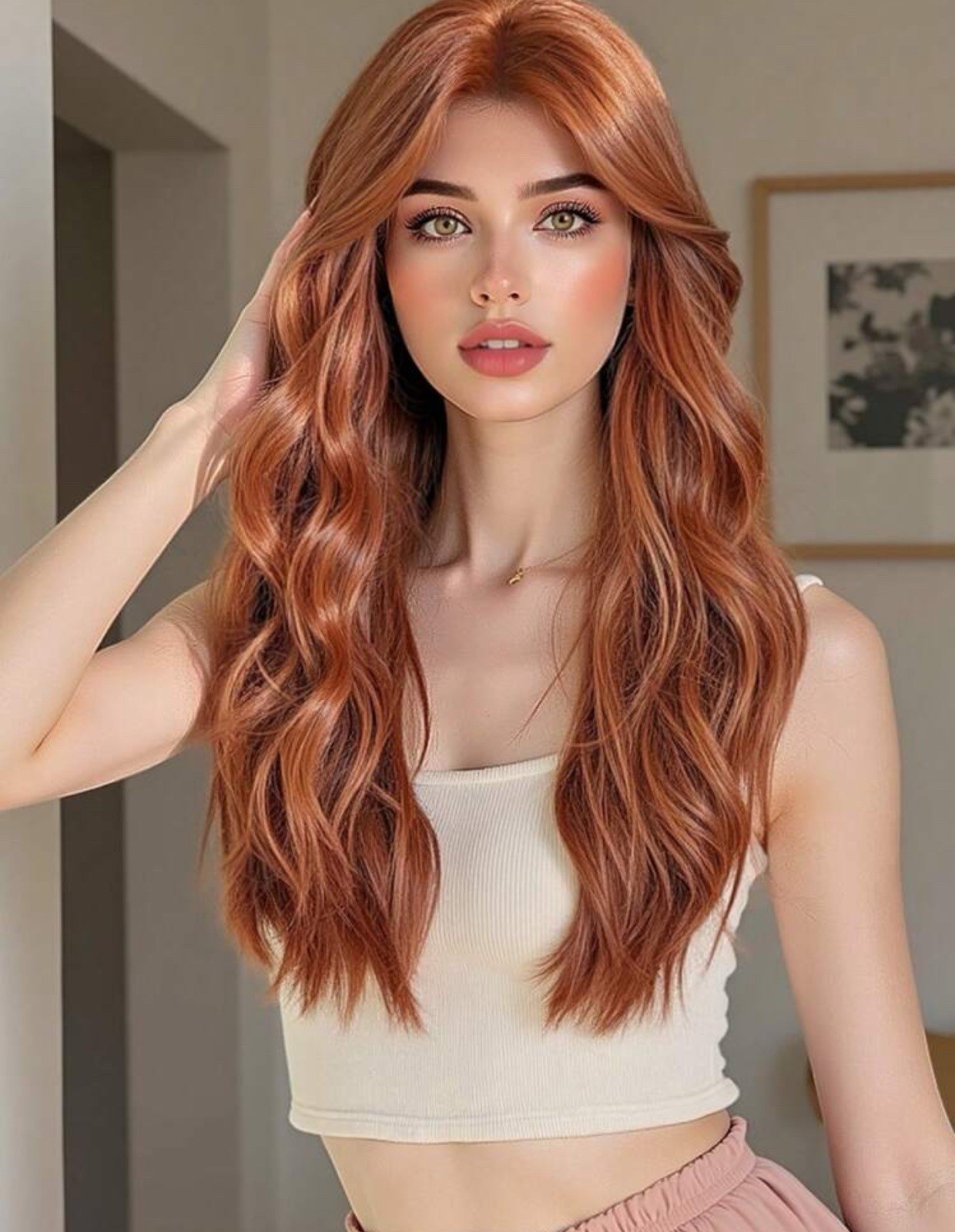 Perruque rousse longue à frange rousse pour femme avec 4 bonnets inclus